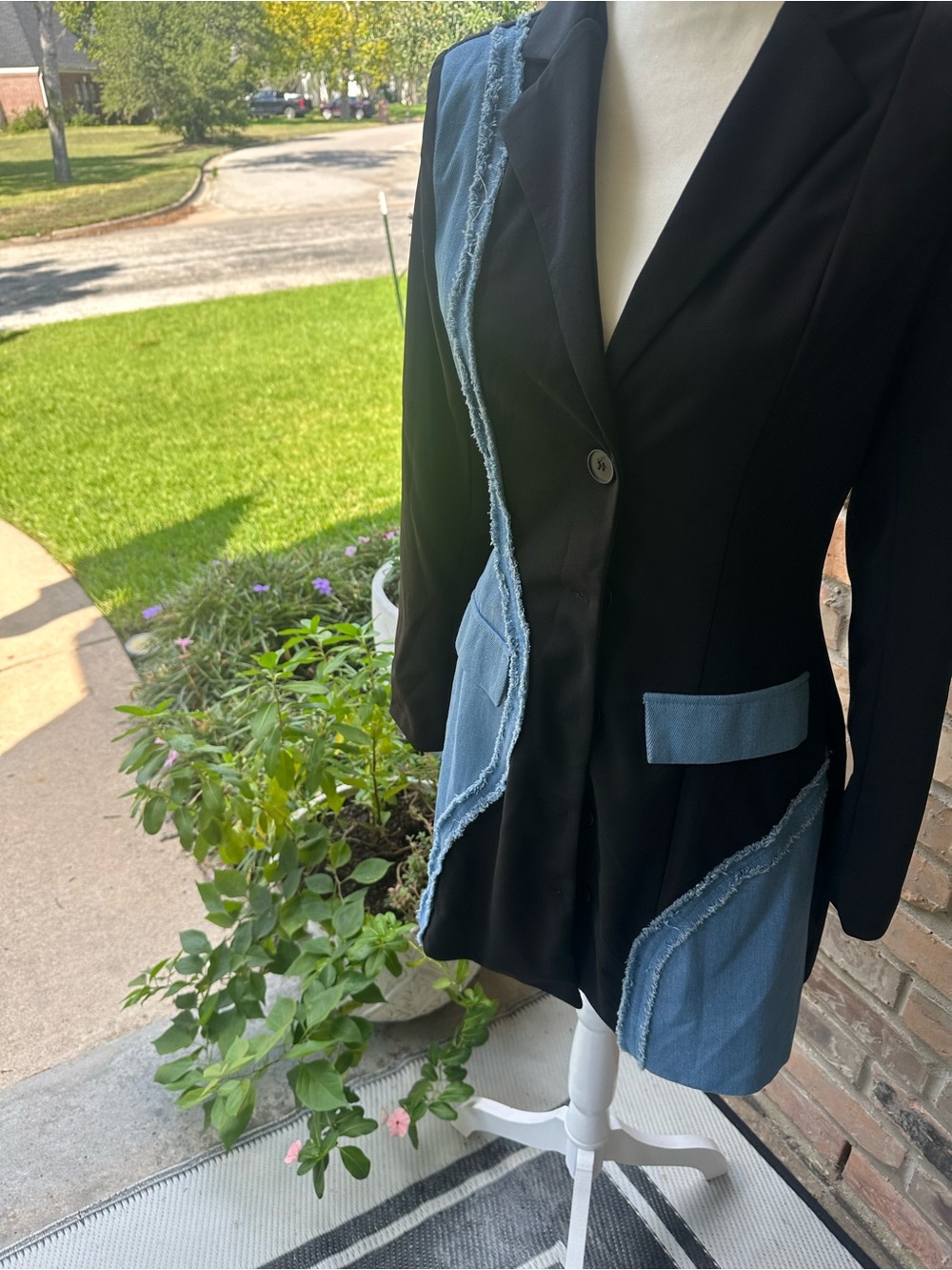 Black Blazer with Light Blue Denim Trim - Women's Jacket